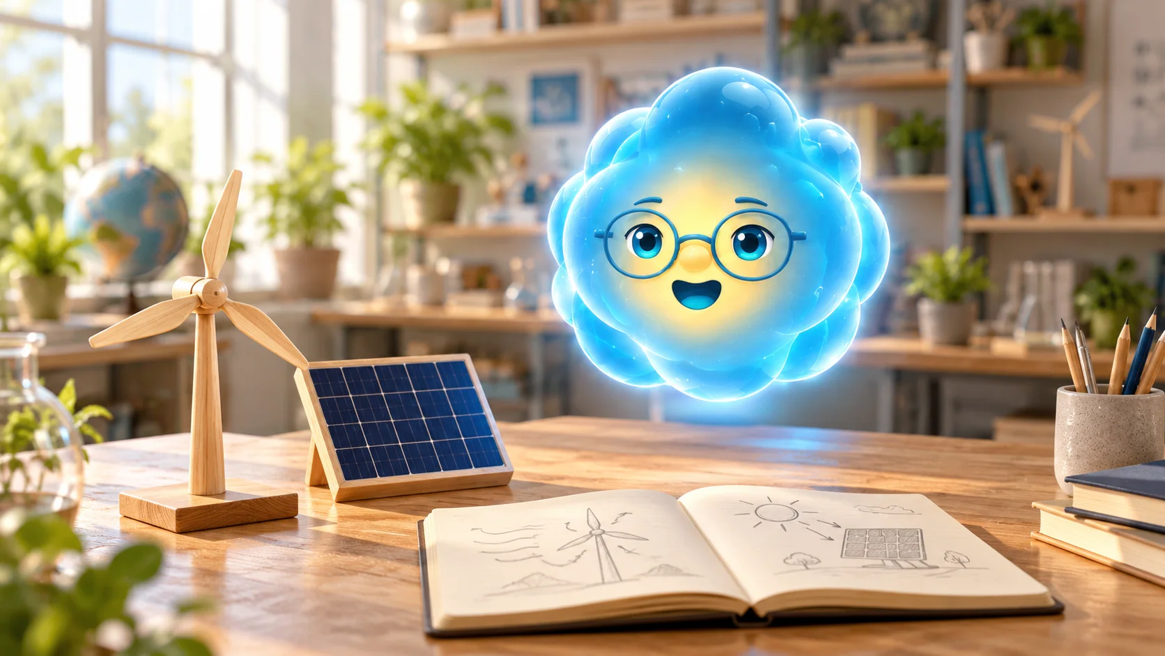 A blue energy character with glasses explains energy using a model wind turbine and solar panel.