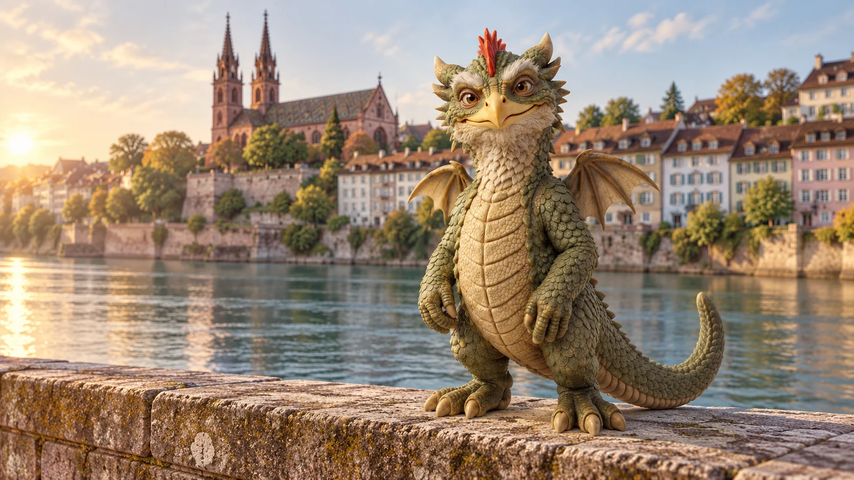 A green basilisk beside the Rhine with Basel’s old town in the background.