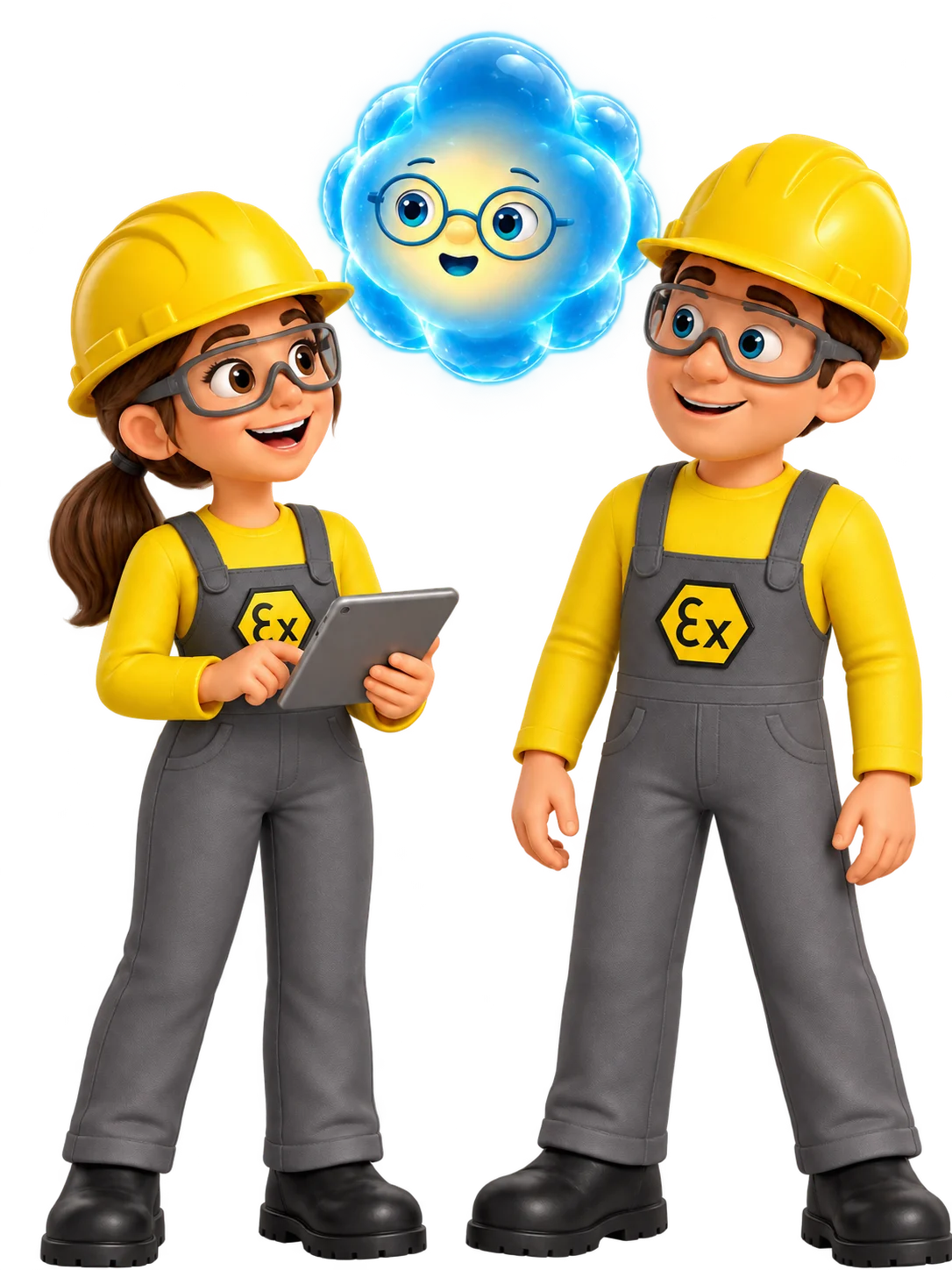 Two virtual specialists in hard hats in conversation, with a glowing blue energy character above them.