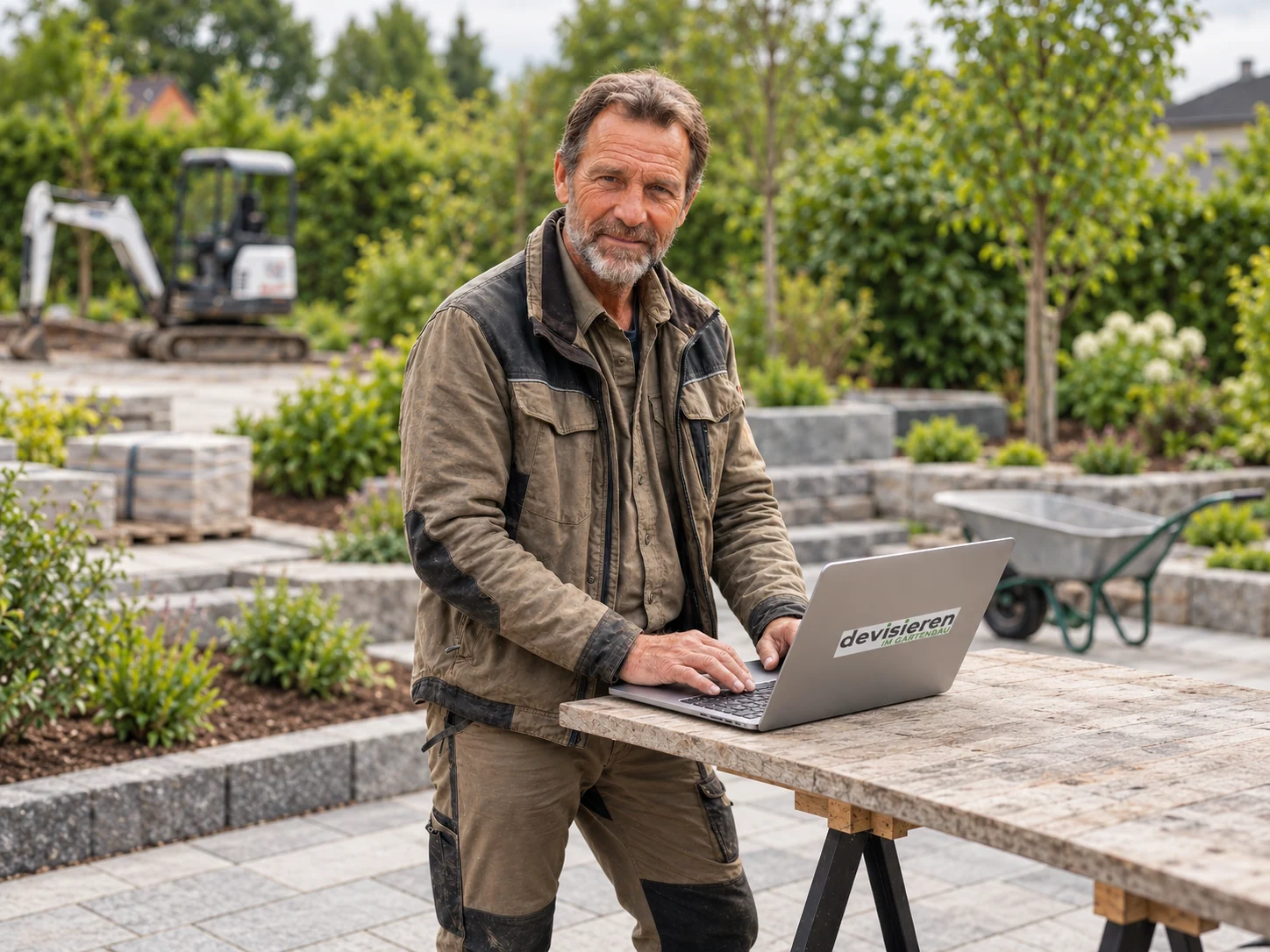 The Devisieren character working on a laptop in a landscaped garden.