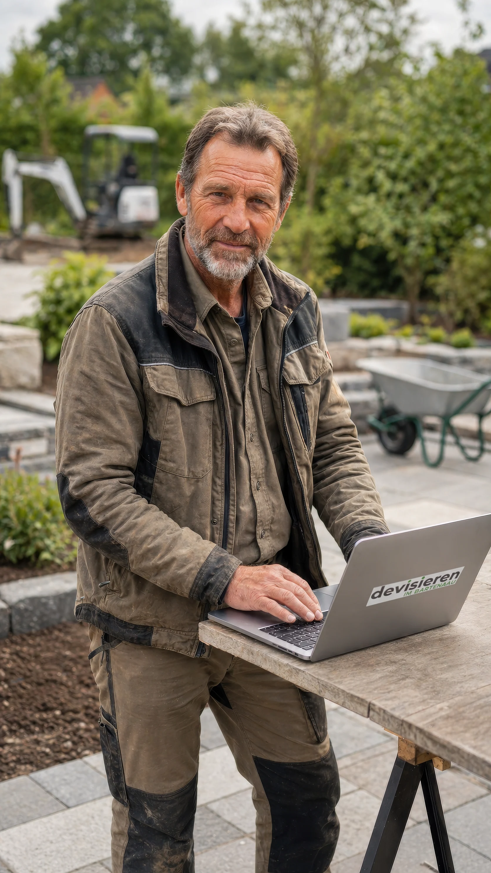 The Devisieren garden construction character presenting the product on his laptop.