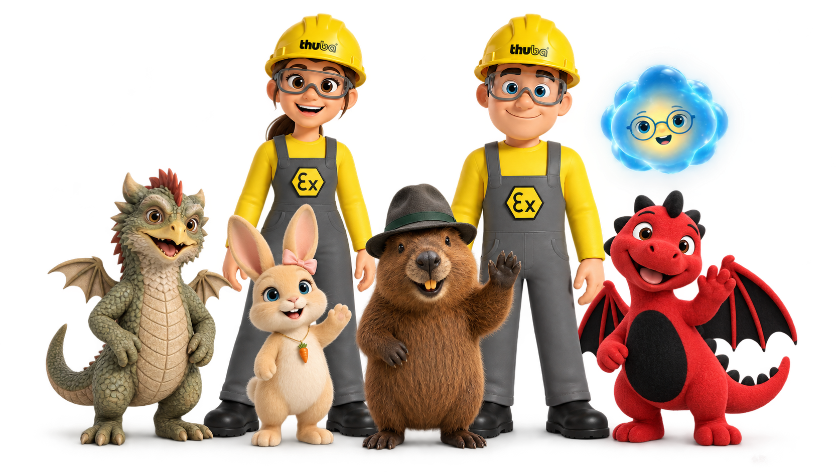 Seven virtual characters, with Hans waving in the centre and Nina the rabbit beside him.