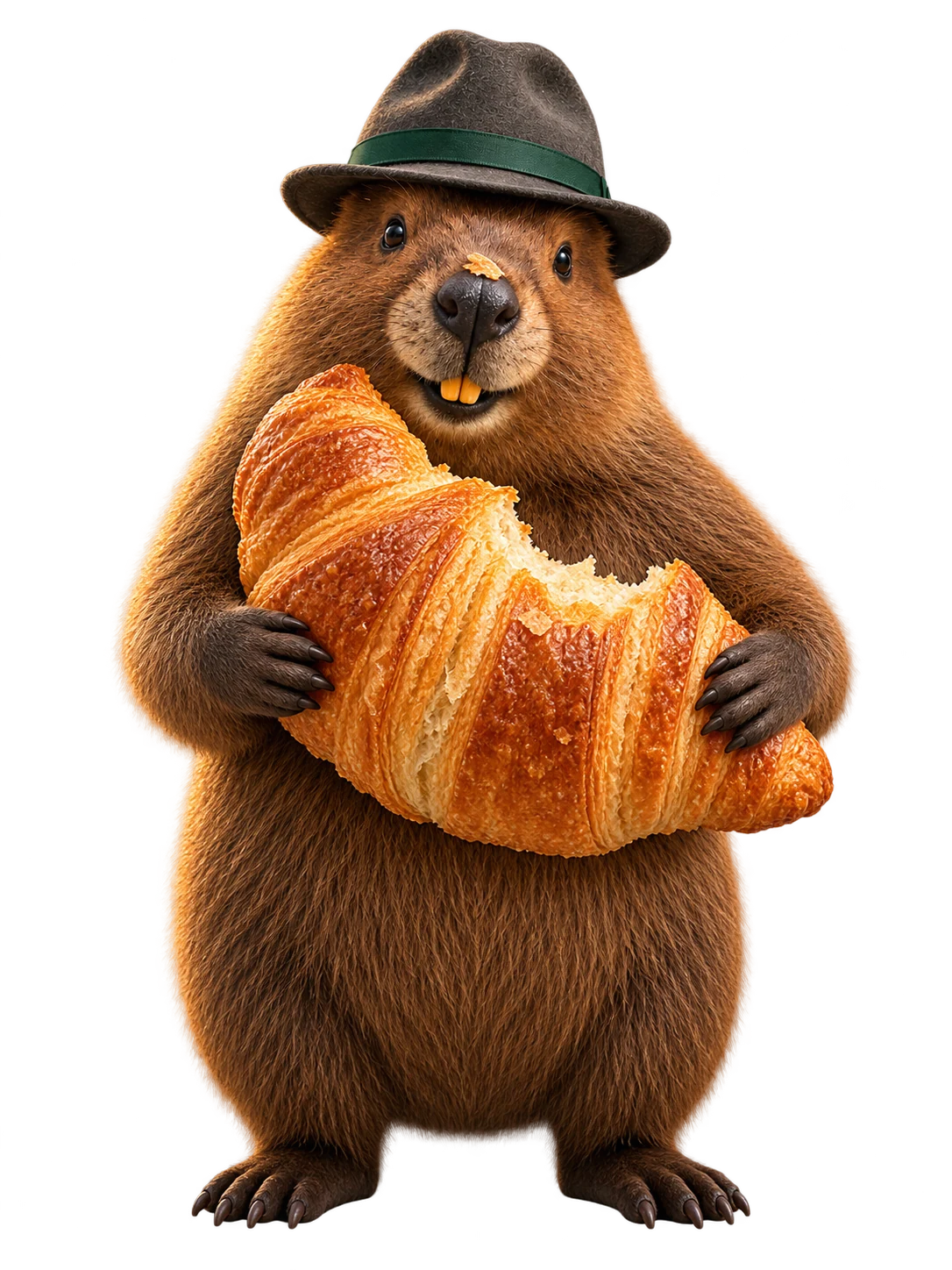 Hans stands with an enormous croissant and a pastry flake on his nose.